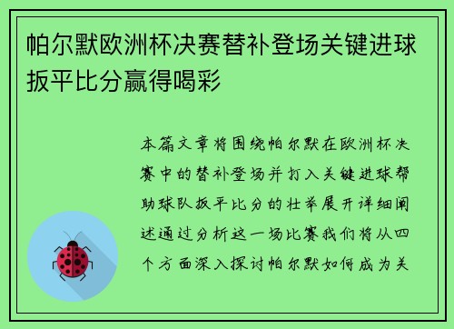 帕尔默欧洲杯决赛替补登场关键进球扳平比分赢得喝彩