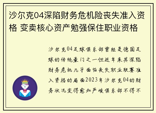 沙尔克04深陷财务危机险丧失准入资格 变卖核心资产勉强保住职业资格